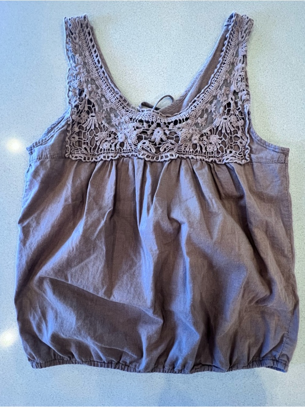 Vintage 579 Brown Crochet Yoke Tank Camisole Tie Back Elastic Waist PTP 15” XS/S - Picture 8 of 10